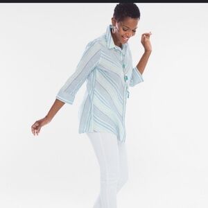 Chico's Linen Classic Preppy Coastal Lightweight Lagenlook 3/4 Sleeve Button Up